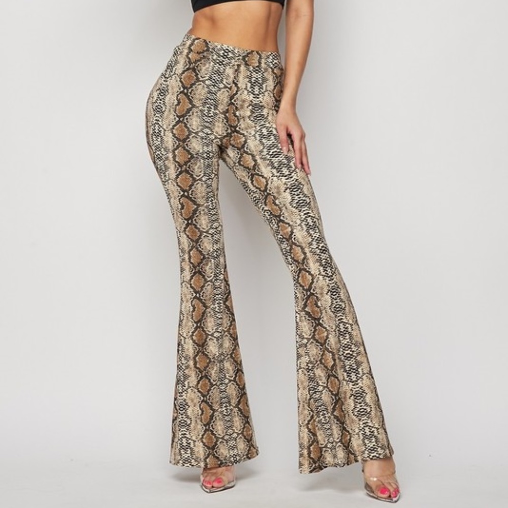 snake printed bell bottom flare pants